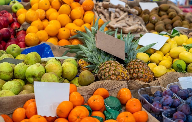 Various fruits seen at a market in Liguria, a region of north-western Italy