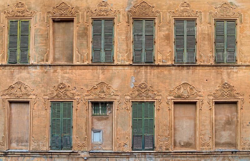 Historic house facade seen in Porto Maurizio in Oneglia, a former town in northern Italy on the Ligurian coast, in 1923 joined to Porto Maurizio to form the Comune of Imperia