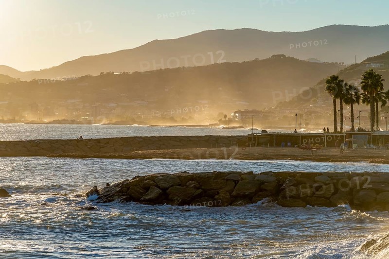 Idyllic seaside impression at evening time around Santo Stefano al Mare, a comune in the Province of Imperia in the Italian region Liguria