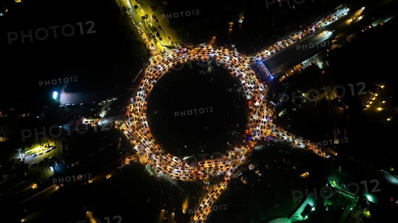 Aerial view shows crowds of Syrians celebrating in Umayyad Square in central Damascus after the fall of Bashar al-Assad's regime and his escape to Russia. Damascus, Syria. December 12, 2024, Damascus, Damascus, Syria