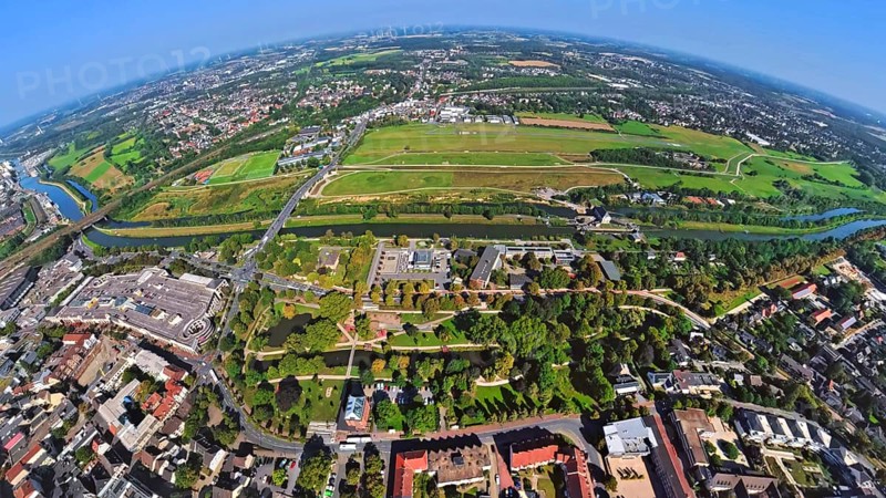 Aerial view, Lippeaue Erlebensraum und Flugplatz Hamm Lippewiesen EDLH, Gymnasium Hammonense am Datteln-Hamm-Kanal und Fluss Lippe mit Nordring Park, earth globe, fisheye image, 360 degree image, tiny world, little planet, fisheye image, Stadtbezirk Heessen, Hamm, Ruhr Area, North Rhine-Westphalia, Germany, terminal building, education, educational institution, DE, reception building, Europe, fisheye lens, fisheye lens, flight mission, airport, aircraft noise, airfield, high school, runway, educational institute, Little Planet, aerial view, aerial photography, aerial photography, school, runway, super wide angle lens, Tiny World, overview, bird's eye view, birds-eyes view, fisheye lens, insta360 camera, overview