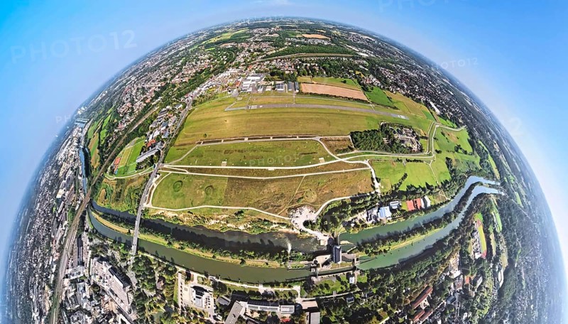 Aerial photograph, Hamm Lippewiesen EDLH airfield, Hamm Mattenbecke sewage treatment plant, River Lippe and Datteln-Hamm Canal, globe, fisheye image, fisheye image, 360 degree image, tiny world, little planet, fisheye image, Heessen district, Hamm, Ruhr area, North Rhine-Westphalia, Germany, terminal building, DE, reception building, Europe, fisheye lens, fisheye lens, flight mission, airport, aircraft noise, airfield, runway, Little Planet, aerial view, aerial photography, aerial photography, runway, super wide angle lens, Tiny World, overview, bird's-eye view, fisheye lens, insta360 camera, overview