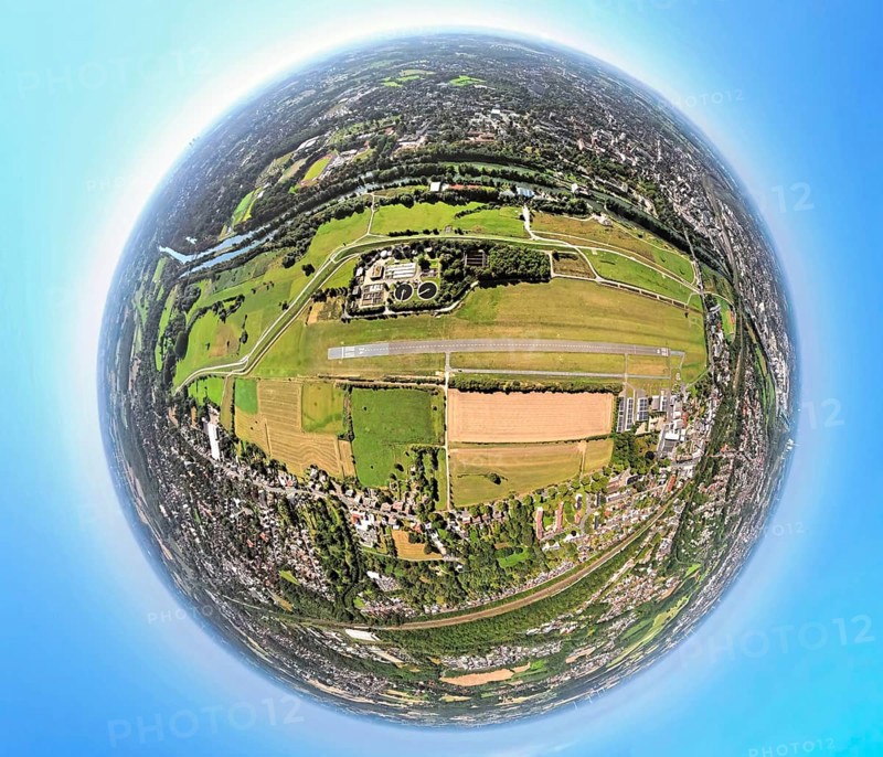 Aerial photograph, Hamm Lippewiesen EDLH airfield, Hamm Mattenbecke sewage treatment plant, earth globe, fisheye image, 360 degree image, tiny world, little planet, fisheye image, Heessen district, Hamm, Ruhr area, North Rhine-Westphalia, Germany, terminal building, DE, reception building, Europe, fisheye lens, fisheye lens, flight mission, airport, aircraft noise, airfield, runway, Little Planet, aerial view, aerial photography, aerial photography, runway, super wide angle lens, Tiny World, overview, bird's eye view, fisheye lens, insta360 camera, overview