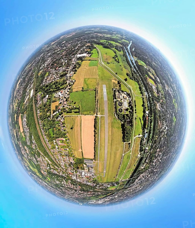 Aerial photograph, Hamm Lippewiesen EDLH airfield, Hamm Mattenbecke sewage treatment plant, earth globe, fisheye image, 360 degree image, tiny world, little planet, fisheye image, Heessen district, Hamm, Ruhr area, North Rhine-Westphalia, Germany, terminal building, DE, reception building, Europe, fisheye lens, fisheye lens, flight mission, airport, aircraft noise, airfield, runway, Little Planet, aerial view, aerial photography, aerial photography, runway, super wide angle lens, Tiny World, overview, bird's eye view, fisheye lens, insta360 camera, overview