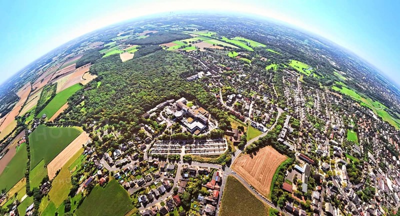 Aerial view, St. Barbara Klinik with car park and helipad, local recreation area Sundern Wald, earth globe, fisheye image, 360 degree image, tiny world, little planet, fisheye image, district Heessen, Hamm, Ruhr area, North Rhine-Westphalia, Germany, DE, Europe, fisheye lens, fisheye lens, healthcare, hospital, clinic, clinic centre, hospital, Little Planet, aerial photography, aerial photography, aerial photography, medical facility, medical help, super wide angle lens, tiny world, overview, bird's eye view, birds-eyes view, fisheye lens, insta360 camera, overview, medical care
