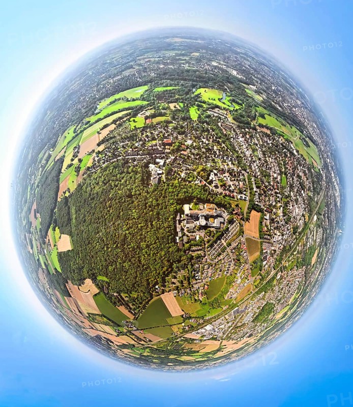 Aerial view, St. Barbara Klinik with car park and helipad, forest area and local recreation area Sundern, earth globe, fisheye image, 360 degree image, tiny world, little planet, fisheye image, district Heessen, Hamm, Ruhr area, North Rhine-Westphalia, Germany, DE, Europe, fisheye lens, fisheye lens, healthcare, hospital, clinic, clinic centre, hospital, Little Planet, aerial photography, aerial photography, aerial photography, medical facility, medical help, super wide angle lens, tiny world, overview, bird's eye view, birds-eyes view, fisheye lens, insta360 camera, overview, medical care