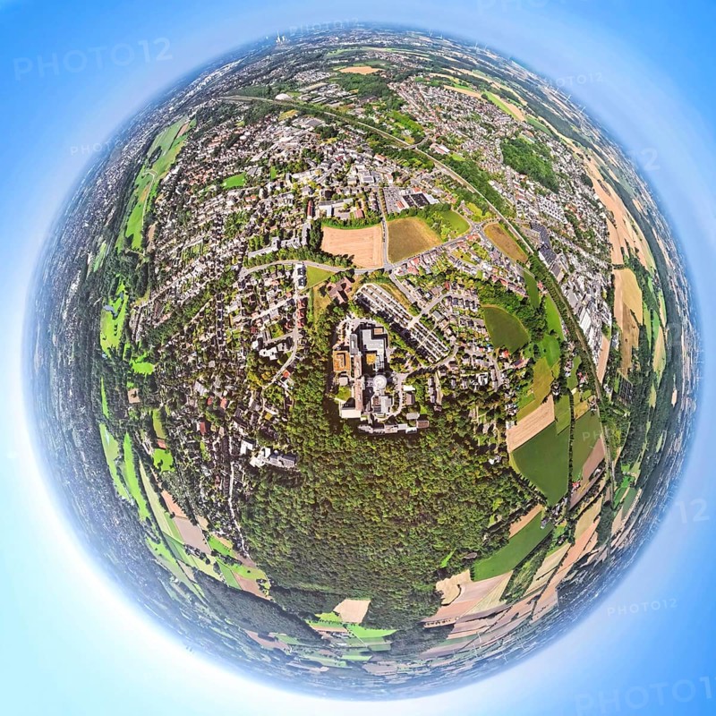 Aerial view, St. Barbara Klinik with car park and helipad, forest area and local recreation area Sundern, earth globe, fisheye image, 360 degree image, tiny world, little planet, fisheye image, district Heessen, Hamm, Ruhr area, North Rhine-Westphalia, Germany, DE, Europe, fisheye lens, fisheye lens, healthcare, hospital, clinic, clinic centre, hospital, Little Planet, aerial photography, aerial photography, aerial photography, medical facility, medical help, super wide angle lens, tiny world, overview, bird's eye view, birds-eyes view, fisheye lens, insta360 camera, overview, medical care