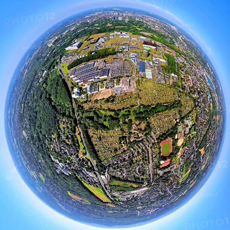 Aerial view, industrial estate technology park and service location Phoenix-West, globe, fisheye image, 360 degree image, tiny world, little planet, fisheye image, Hacheney, Dortmund, Ruhr area, North Rhine-Westphalia, Germany, DE, Europe, fisheye lens, fisheye lens, commercial development, Little Planet, aerial view, aerial photography, aerial photography, super wide angle lens, Tiny World, overview, bird's eye view, birds-eyes view, fisheye lens, insta360 camera, overview