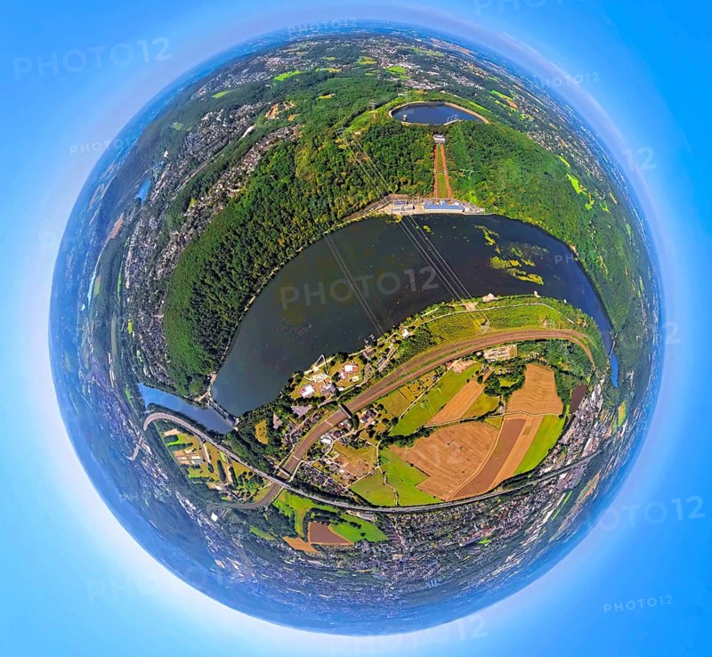 Aerial view, Hengsteysee between the cities Hagen, Herdecke and Wetter, Salitos Beach Hengsteysee, railway line Wetter Hagen and motorway A1, Köpchenwerk with Ardeygebirge at the lake, globe, fisheye image, fisheye image, 360 degree image, tiny world, little planet, fisheye image, Boele, Hagen, Ruhr area, North Rhine-Westphalia, Germany, excursion destination, motorway, DE, Deutsche Bahn AG, Europe, fisheye lens, fisheye lens, railway tracks, tracks, Herdecke, Little Planet, aerial view, aerial photography, aerial photography, lake, super wide angle lens, Tiny World, overview, bird's eye view, birds-eyes view, fisheye lens, insta360 camera, overview