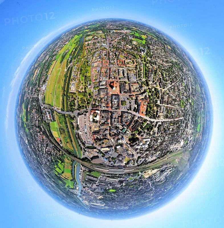 Aerial view, city centre with evang. Pauluskirche, Lippeaue Erlebensraum and airfield Hamm Lippewiesen EDLH, sewage treatment plant Hamm Mattenbecke, Datteln-Hamm canal and river Lippe, globe, fisheye image, fisheye image, 360 degree image, tiny world, little planet, fisheye image, centre, Hamm, Ruhr area, North Rhine-Westphalia, Germany, place of worship, DE, Europe, fisheye lens, fisheye lens, religious community, place of worship, holy place, church, parish, denomination, Little Planet, aerial view, aerial photography, aerial photography, local recreation area, religion, religious site, super wide angle lens, tiny world, overview, bird's eye view, fisheye lens, insta360 camera, overview