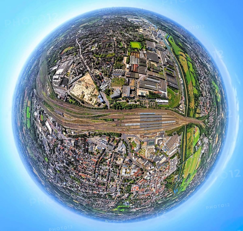 Aerial view, Hamm-West, harbour and city in between main station, globe, fisheye image, 360 degree image, tiny world, little planet, fisheye image, centre, Hamm, Ruhr area, North Rhine-Westphalia, Germany, railway area, railway station, DE, Deutsche Bahn AG, Europe, fisheye lens, fisheye lens, railway tracks, tracks, harbour, harbour area, harbour area, harbour overview, main station, main station, city centre view, Little Planet, aerial view, aerial photography, aerial photography, city centre, super wide angle lens, Tiny World, overview, bird's eye view, birds-eyes view, fisheye lens, insta360 camera, overview