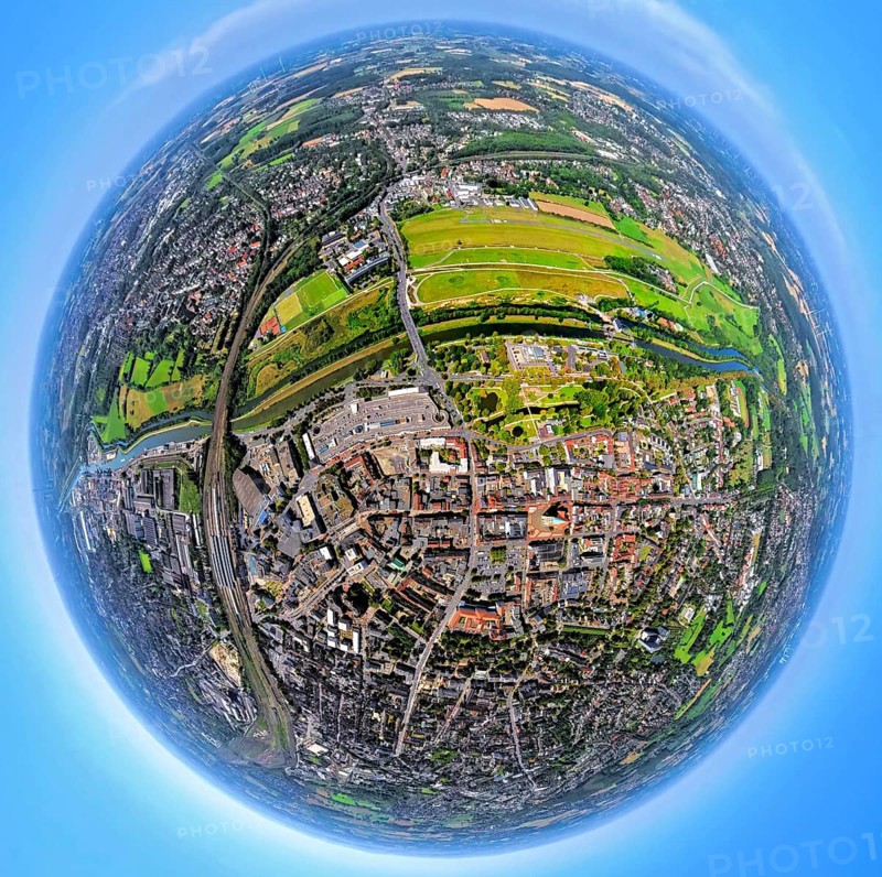Aerial view, city centre with evang. Pauluskirche, Lippeaue Erlebensraum, Hamm Lippewiesen EDLH airfield, Hamm Mattenbecke sewage treatment plant, Datteln-Hamm canal and river Lippe, globe, fisheye image, fisheye image, 360 degree image, tiny world, little planet, fisheye image, centre, Hamm, Ruhr area, North Rhine-Westphalia, Germany, place of worship, DE, Europe, fisheye lens, fisheye lens, religious community, place of worship, holy place, church, parish, denomination, Little Planet, aerial view, aerial photography, aerial photography, local recreation area, religion, religious site, super wide angle lens, tiny world, overview, bird's eye view, fisheye lens, insta360 camera, overview