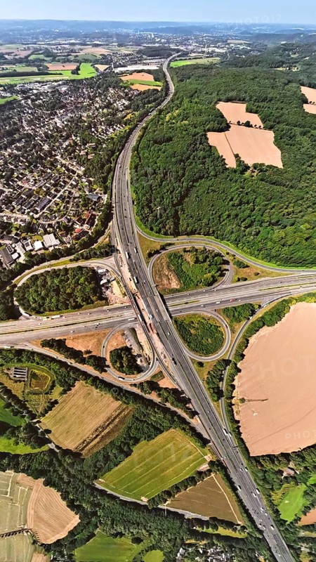 Aerial view, Westhofener Kreuz motorway junction with motorway A45 and motorway A1, construction site, earth globe, fisheye image, 360 degree image, tiny world, little planet, fisheye image, Westhofen, Schwerte, Ruhr area, North Rhine-Westphalia, Germany, Autobahn, DE, Dortmund, Europe, fisheye lens, fisheye lens, Little Planet, aerial photography, aerial photography, aerial photography, road traffic, super wide angle lens, Tiny World, overview, bird's eye view, birds-eyes view, fisheye lens, insta360 camera, overview
