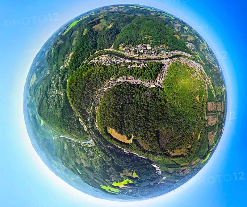 Aerial view, river Lenne and youth hostel Burg Altena on the Klusenberg, earth globe, fisheye image, 360 degree image, tiny world, little planet, fisheye image, Altena, Ruhr area, North Rhine-Westphalia, Germany, DE, Europe, fisheye lens, fisheye lens, Little Planet, aerial photography, aerial photography, aerial photography, Sauerland, super wide angle lens, Tiny World, overview, bird's eye view, birds-eyes view, fisheye lens, insta360 camera, overview