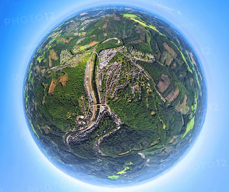Aerial view, river Lenne and Lenneschleife, old town, globe, fisheye image, 360 degree image, tiny world, little planet, fisheye image, Altena, Ruhr area, North Rhine-Westphalia, Germany, DE, Europe, fisheye lens, Fisheye lens, Little Planet, aerial view, aerial photography, aerial photography, Sauerland, quarry, super wide angle lens, Tiny World, overview, bird's eye view, birds-eyes view, fisheye lens, insta360 camera, overview