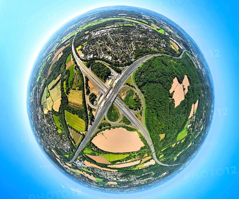 Aerial view, Westhofener Kreuz motorway junction with motorway A45 and motorway A1, construction site, earth globe, fisheye image, 360 degree image, tiny world, little planet, fisheye image, Westhofen, Schwerte, Ruhr area, North Rhine-Westphalia, Germany, Autobahn, DE, Dortmund, Europe, fisheye lens, fisheye lens, Little Planet, aerial photography, aerial photography, aerial photography, road traffic, super wide angle lens, Tiny World, overview, bird's eye view, birds-eyes view, fisheye lens, insta360 camera, overview