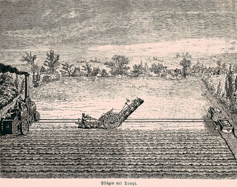 Ploughing with steam, technology, machine, industry, inventions in the 19th century, historical illustration 1872, Germany