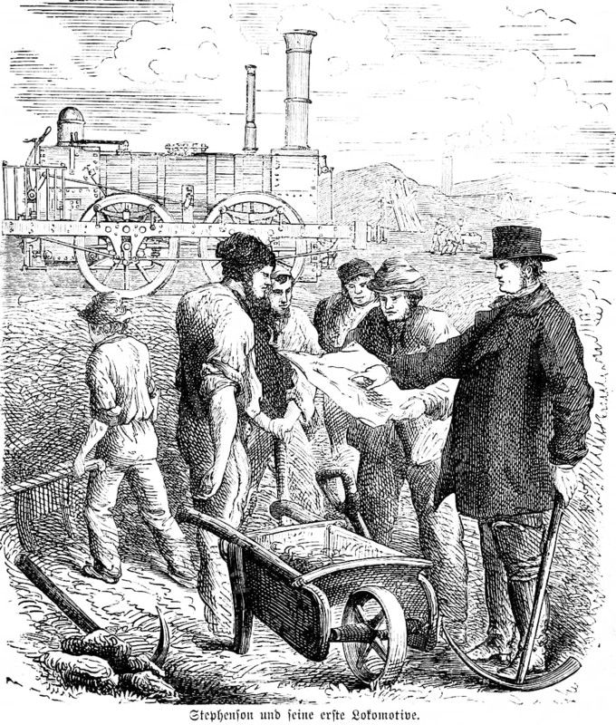 George Stephenson (1771-1848) and his first locomotive, English engineer and founder of the railway, developer of the steam locomotive, worker, wheelbarrow, map, inventions in the 19th century, historical illustration 1872, Germany
