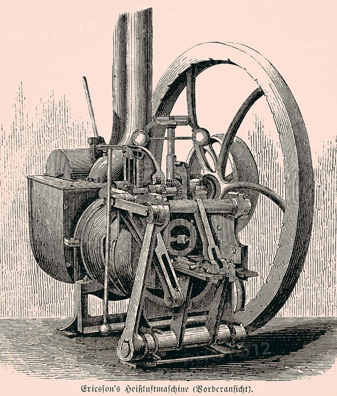 Front view of a hot-air engine by the Swedish engineer Ericson, calorific engine, utilisation and heating of air, generation of pressure, piston, lever mechanism, technology, inventions in the 19th century, historical illustration 1872, Germany