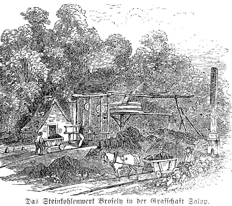 Broseley coal mine in the county of Shropshire, England, mineral resource coal, mine, inventions in the 18th century, technology, industrialisation, horse pulling lorry, miner, wooden frame, coal pile, smelter, chimney, historical illustration 1872, Germany