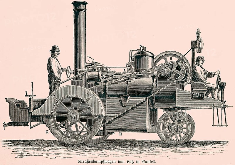 Road steam engine by Lotz in Nantes, steam boiler, two men, drive shaft, chimney, control, technology, road, machine, inventions in the 19th century, historical illustration 1872, Germany