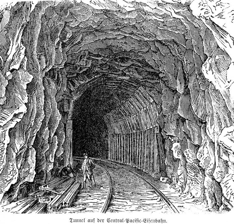 Tunnel on the Central Pacific Railway, America, 19th century inventions, mountain, railway line, track, worker, rock, pillar, drill, quarry, granite, technology, historical illustration 1872, Germany