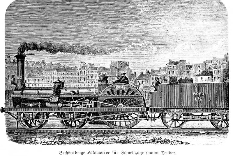 Six-wheel locomotive for express trains with tender, smoking steam locomotive, coal trailer, speed, rail transport, technology, industry, economy, cityscape, inventions in the 19th century, historical illustration 1872, Germany