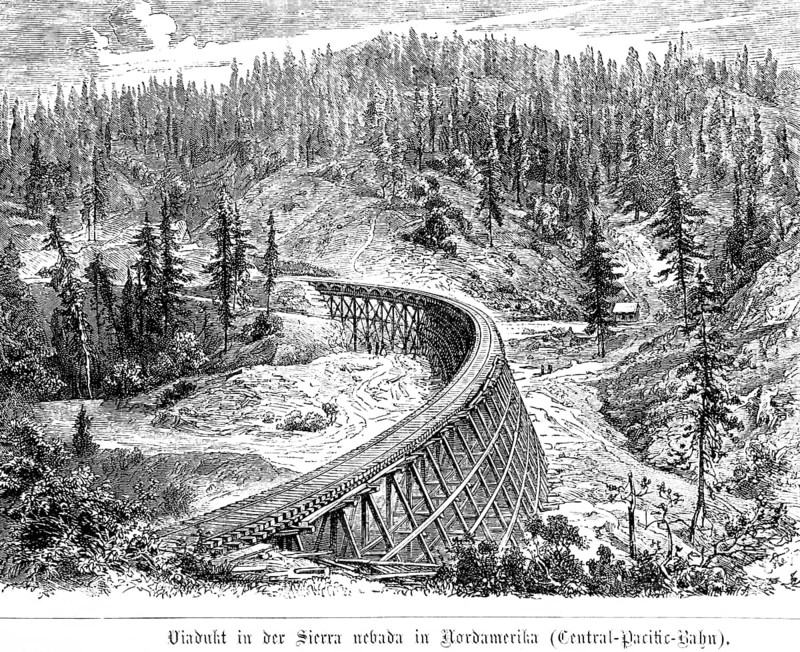 Viaduct in the Sierra Nevada in North America, Central Pacific Railway, wooden construction, tracks, Pacific, railway, mountain landscape, coniferous forest, technology, industry, economy, inventions in the 19th century, historical illustration 1872, Germany