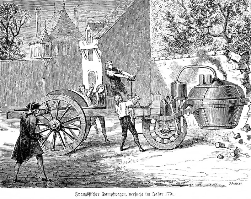 French steam carriage in 1770, first experiments, Paris, workers, steam boiler, three wooden wheels, city view, spectators, inventions in the 18th century, technology, industrialisation, historical illustration 1872, Germany