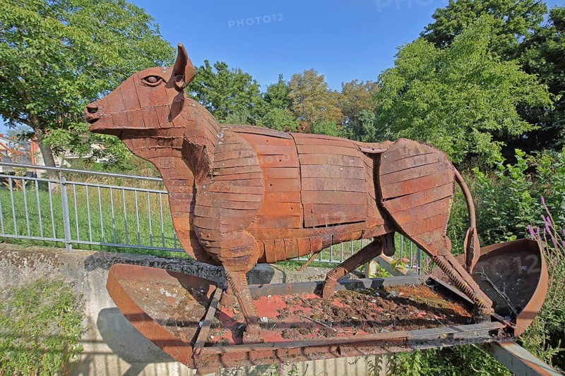 Sculpture by Clemens, rusty ox figure, metal sculpture, forging, life-size, Volkach, Lower Franconia, Franconia, Bavaria, Germany