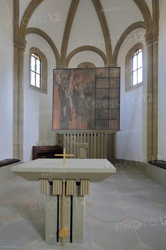 Altar with modern painting, St Boniface Castle Chapel, interior view, Salzburg Castle, Bad Neustadt an der Saale, Rhön, Lower Franconia, Franconia, Bavaria, Germany