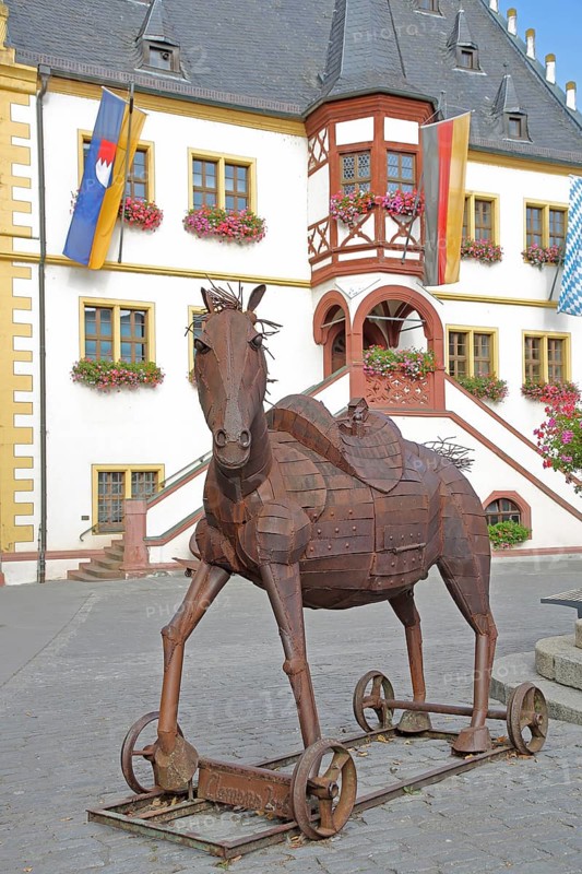 Horse figure from the Clemens company 2008, artwork, rusty steel sculpture, frame, wheels, forging, handicraft, modern art, market square, town hall, Volkach, Lower Franconia, Franconia, Bavaria, Germany