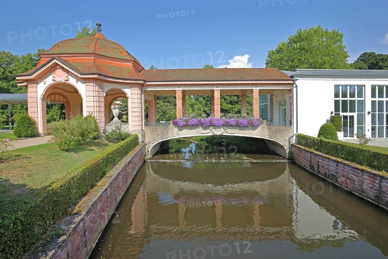 Wernarz spring temple built in 1911 and bridge over the river Sinn, temple, art nouveau, reflection, spa gardens, foyer, state bath, Bad Brückenau, Rhön, Bavaria, Germany
