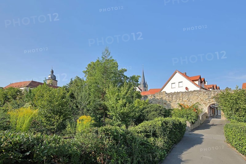 Historic town wall with archway and gardens, Zeil am Main, Lower Franconia, Franconia, Bavaria, Germany
