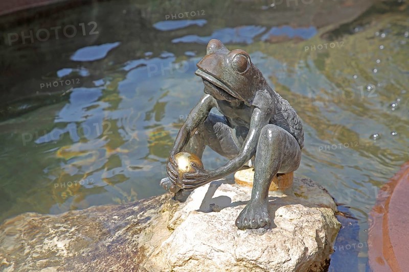 Frog King with golden ball by the water, sculpture, fairytale figure, fairytale fountain, market square, Steinau an der Straße, Spessart, Hesse, Germany