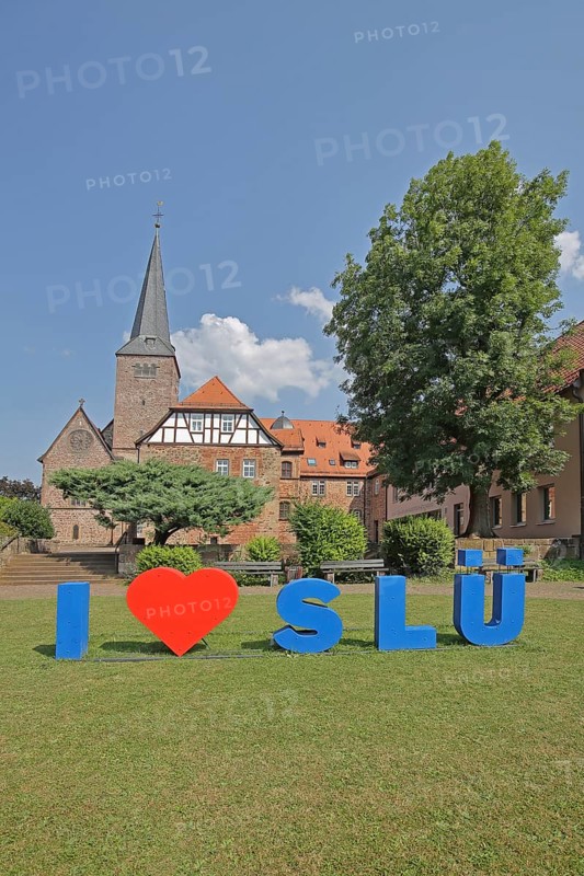 Heart sign as a symbol of solidarity and love for the city of SLÜ, monastery, church tower, decoration, heart-shaped, shape, I, i, three, letters, love, Schlüchtern, Schlüchtern, Vogelsberg, Hesse, Germany