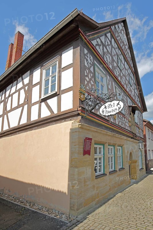 Historic Happach house, half-timbered house with decorations, gable, nose shield, Heldburg, Thuringia, Germany