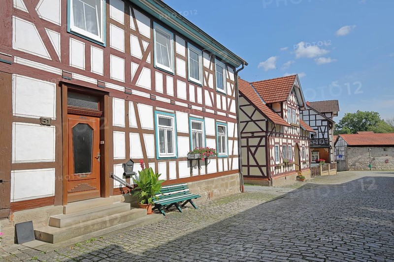 Half-timbered houses, Badergasse, ox wall tower, Heldburg, Thuringia, Germany