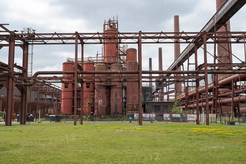 Pre-coolers and chimneys on the site of the coking plant, Zollverein Coal Mine Industrial Complex, UNESCO World Heritage Site, Route of Industrial Heritage, Essen, Ruhr area, North Rhine-Westphalia, Germany