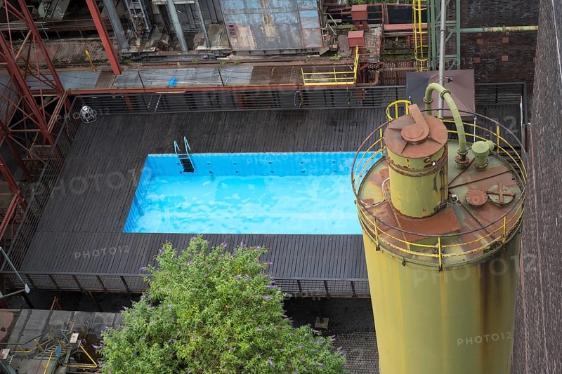 View from above of the works swimming pool, coking plant, Zollverein Coal Mine Industrial Complex, UNESCO World Heritage Site, Route of Industrial Heritage, Essen, Ruhr area, North Rhine-Westphalia, Germany