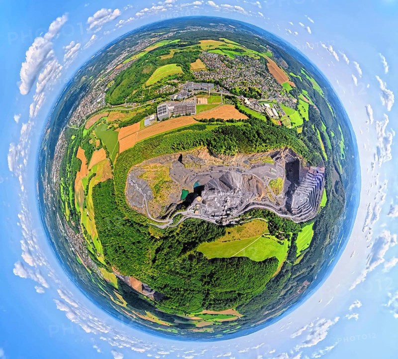 Aerial photo, Ebel quarry, Habbeler Bach Müschede, earth globe, fisheye image, 360 degree image, tiny world, little planet, fisheye image, Müschede, Arnsberg, Sauerland, North Rhine-Westphalia, Germany, Arnsberg Forest, DE, Europe, fisheye lens, fisheye lens, aerial photography, aerial photography, aerial photography, Ruhr area, quarry, super wide angle lens, overview, bird's eye view, birds-eyes view, fisheye lens, insta360 camera, overview