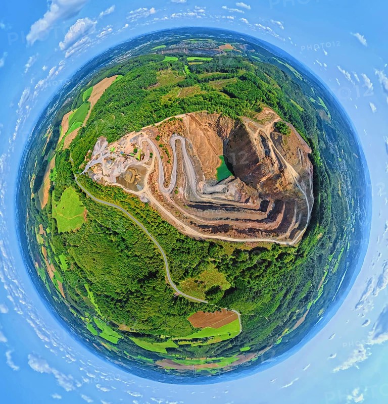 Aerial photo, Ebel quarry, Effenberg plant, Herdringen, earth globe, fisheye image, 360 degree image, tiny world, little planet, fisheye image, Hachen, Sundern, Sauerland, North Rhine-Westphalia, Germany, Arnsberg, Arnsberg Forest, DE, Europe, fisheye lens, fisheye lens, aerial photography, aerial photography, aerial photography, Ruhr area, quarry, super wide angle lens, overview, bird's eye view, birds-eyes view, fisheye lens, insta360 camera, overview
