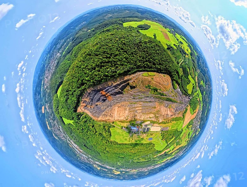 Aerial photo, Lanwehr Quarry Am Langen Stück, Riding and Driving Club Arnsberg und Umgebung e.V. Wicheler Höhe, earth globe, fisheye shot, fisheye shot, 360 degree shot, tiny world, little planet, fisheye picture, Müschede, Arnsberg, Sauerland, North Rhine-Westphalia, Germany, Arnsberg Forest, DE, Europe, fisheye lens, fisheye lens, aerial view, aerial photography, aerial photography, Ruhr area, quarry, super wide angle lens, overview, bird's eye view, bird's eye view, fisheye lens, insta360 camera, overview