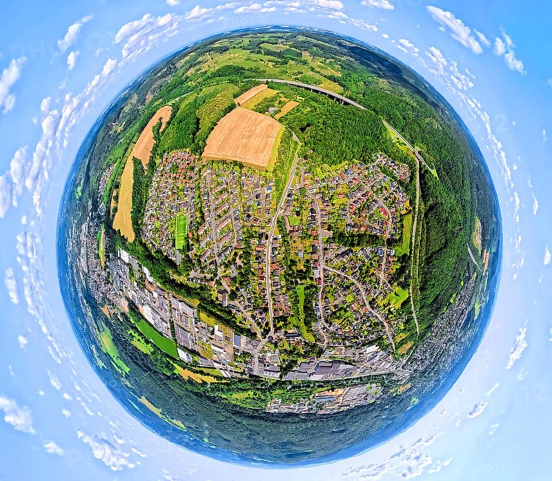 Aerial view, residential area, view of Niedereimer district and Niedereimerfeld commercial area, globe, fisheye image, 360 degree image, tiny world, little planet, fisheye image, Niedereimer, Arnsberg, Sauerland, North Rhine-Westphalia, Germany, DE, Europe, fisheye lens, fisheye lens, commercial enterprises, commercial area, commercial area, commercial property, commercial park, commercial location, commercial use, property tax, real estate, industrial area, industrial location, aerial photography, aerial photography, aerial photography, Ruhr area, super wide-angle lens, overview, bird's eye view, residential area, residential area, residential quality, residential neighbourhood, residential estate, residential area, birds-eyes view, fisheye lens, insta360 camera, overview