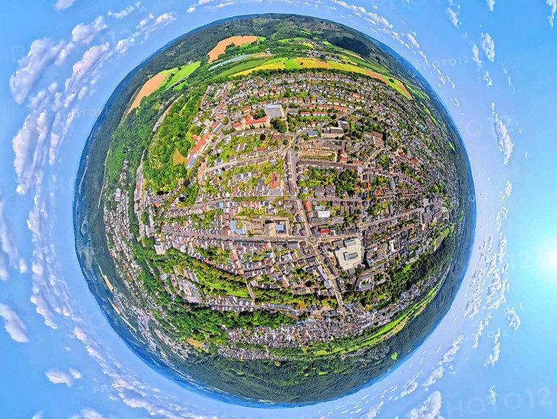 Aerial view, city centre view with town hall district government Arnsberg, earth globe, fisheye image, fisheye image, 360 degree image, tiny world, little planet, fisheye image, Arnsberg, Sauerland, North Rhine-Westphalia, Germany, authority, district administration, town hall, DE, Europe, fisheye lens, fisheye lens, aerial view, aerial photography, aerial photography, town hall, Ruhr area, city administration, super wide angle lens, overview, bird's eye view, birds-eyes view, fisheye lens, insta360 camera, overview