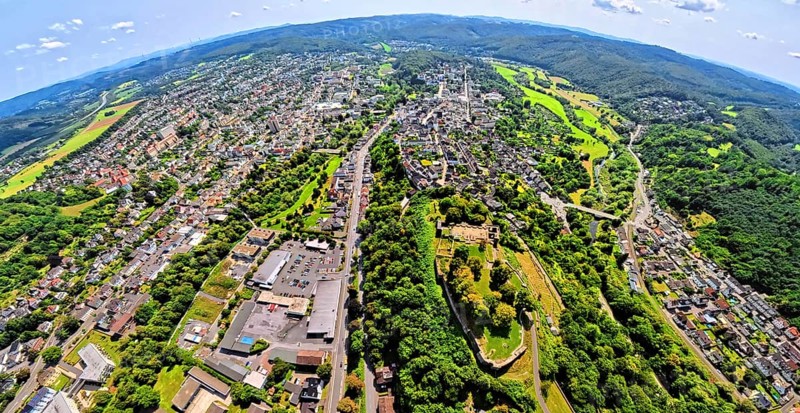 Aerial photo, Arnsberg castle ruins on the Schlossberg, earth globe, fisheye image, 360 degree image, tiny world, little planet, fisheye image, Obereimer, Arnsberg, Sauerland, North Rhine-Westphalia, Germany, castle, DE, Europe, fisheye lens, fisheye lens, aerial photography, aerial photography, aerial photography, Ruhr area, castle, castle ruins, super wide angle lens, overview, bird's eye view, birds-eyes view, fisheye lens, insta360 camera, overview