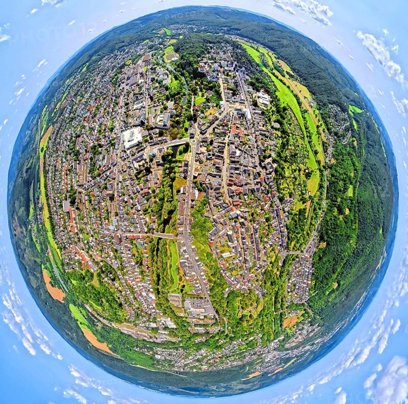 Aerial view, city centre view with town hall district government Arnsberg, earth globe, fisheye image, fisheye image, 360 degree image, tiny world, little planet, fisheye image, Arnsberg, Sauerland, North Rhine-Westphalia, Germany, authority, district administration, town hall, DE, Europe, fisheye lens, fisheye lens, aerial view, aerial photography, aerial photography, town hall, Ruhr area, city administration, super wide angle lens, overview, bird's eye view, birds-eyes view, fisheye lens, insta360 camera, overview