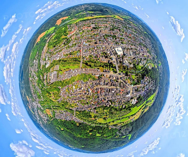 Aerial view, city centre view with town hall district government Arnsberg, earth globe, fisheye image, fisheye image, 360 degree image, tiny world, little planet, fisheye image, Arnsberg, Sauerland, North Rhine-Westphalia, Germany, authority, district administration, town hall, DE, Europe, fisheye lens, fisheye lens, aerial view, aerial photography, aerial photography, town hall, Ruhr area, city administration, super wide angle lens, overview, bird's eye view, birds-eyes view, fisheye lens, insta360 camera, overview