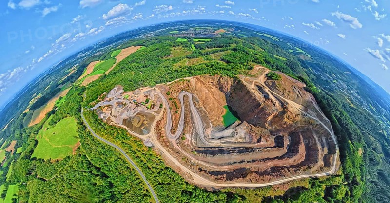 Aerial photo, Ebel quarry, Effenberg plant, Herdringen, earth globe, fisheye image, 360 degree image, tiny world, little planet, fisheye image, Hachen, Sundern, Sauerland, North Rhine-Westphalia, Germany, Arnsberg, Arnsberg Forest, DE, Europe, fisheye lens, fisheye lens, aerial photography, aerial photography, aerial photography, Ruhr area, quarry, super wide angle lens, overview, bird's eye view, birds-eyes view, fisheye lens, insta360 camera, overview