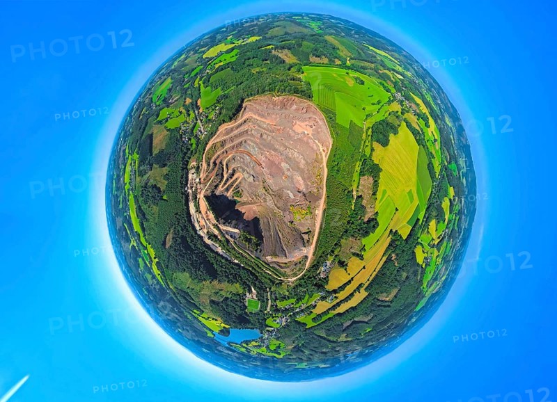 Aerial view, Ebel quarry, Effenberg plant surrounded by meadows and fields, globe, fisheye image, 360 degree image, tiny world, little planet, fisheye image, Hunswinkel, Meinerzhagen, Ruhr area, North Rhine-Westphalia, Germany, Arnsberg, DE, Europe, fisheye lens, fisheye lens, Little Planet, aerial photography, aerial photography, super wide angle lens, Tiny World, overview, bird's eye view, birds-eyes view, fisheye lens, insta360 camera, overview